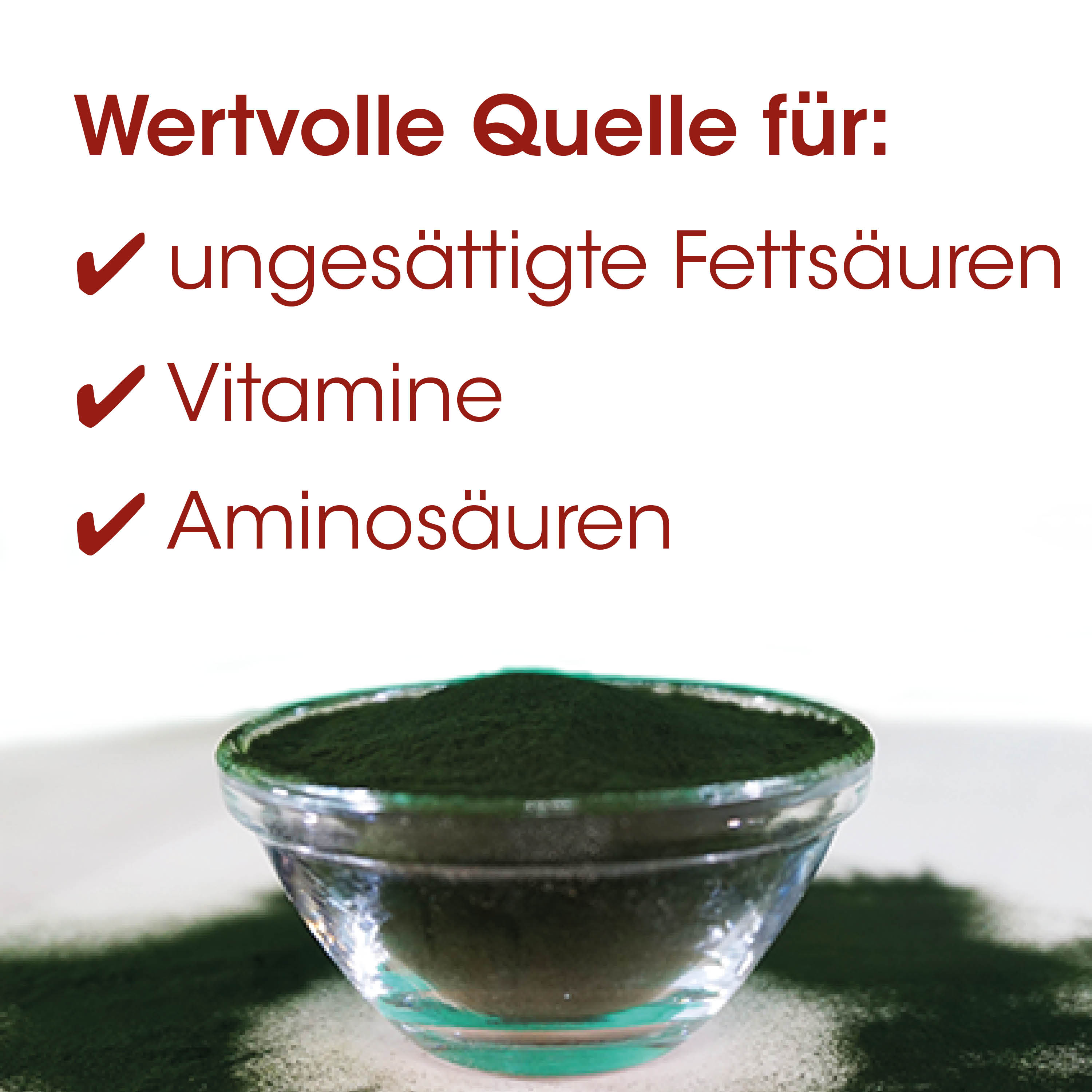 grüner Pulver, Spirulina, Algenpulver, Glasgefäß, organisch