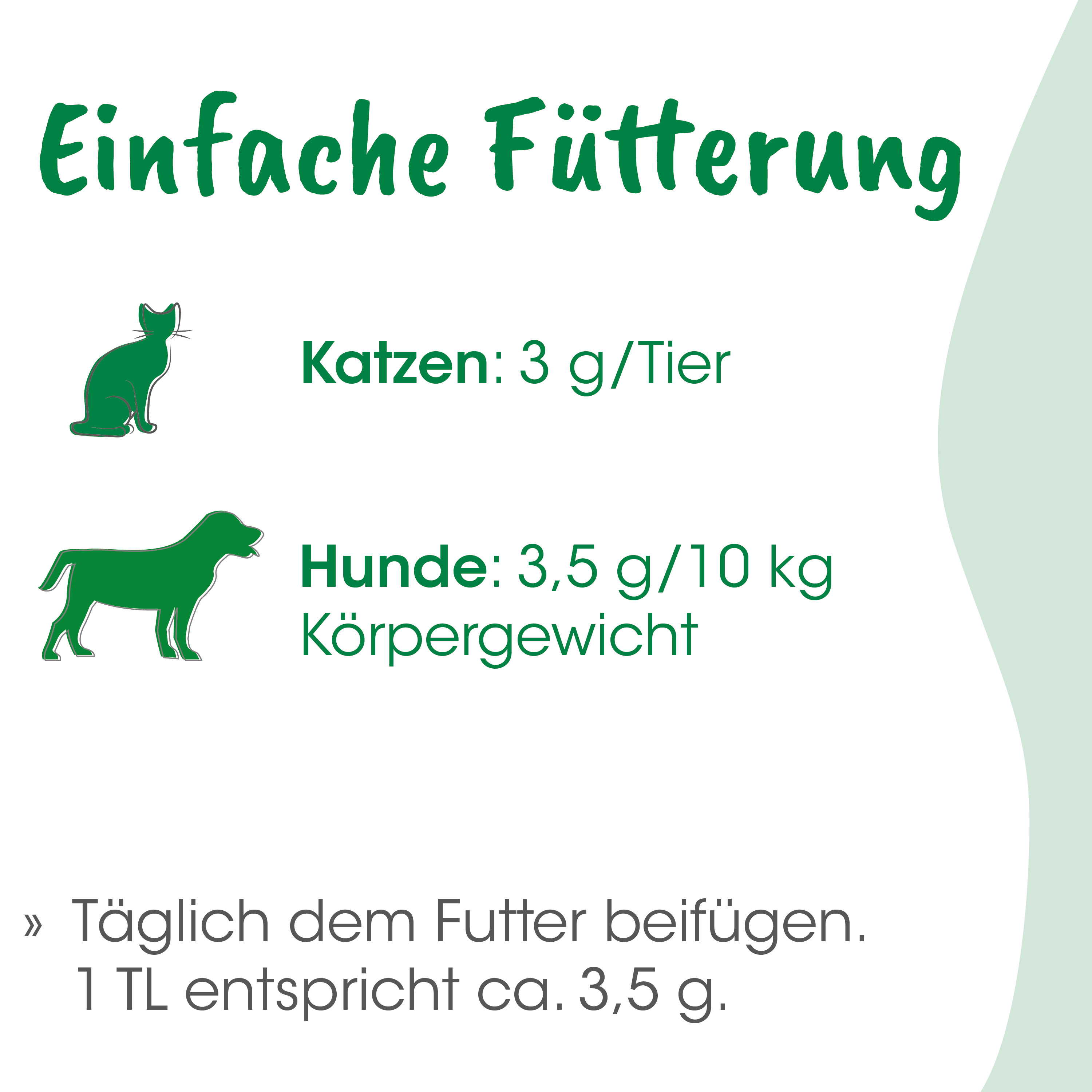 Katzenfutter, 3 g pro Katze, Hunde 10 kg, zwei Tier-Symbole, tägliche Fütterungsanleitung